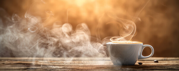 A steaming cup of coffee with a frothy layer of milk, its aroma filling the air.