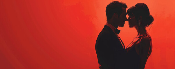 A couple dressed to the nines for a special occasion, their outfits complementing each other perfectly.