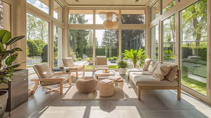 Fototapeta premium A sunroom with a clean, minimalist design, featuring simple furniture, neutral colors, and large windows allowing an abundance of natural light