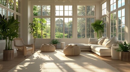 A sunroom with a clean, minimalist design, featuring simple furniture, neutral colors, and large windows allowing an abundance of natural light