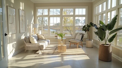 A sunroom with a clean, minimalist design, featuring simple furniture, neutral colors, and large windows allowing an abundance of natural light