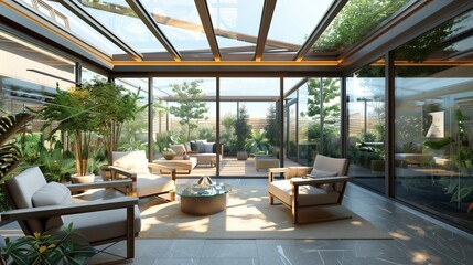 Fototapeta premium A sunroom with a contemporary aesthetic, featuring sleek furniture, glass walls, and a view of the rooftop garden through ceiling windows