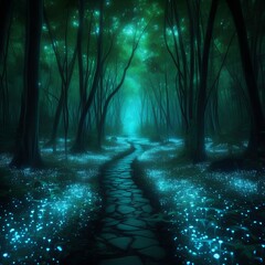 Fototapeta premium Bioluminescent forest pathway, lighting up with natural glow from flora and fauna during a mystical night.