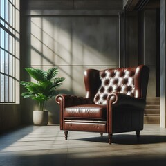 Obraz premium Brown luxury leather armchair in a large empty industrial style space with large window and shadow on rough concrete wall.