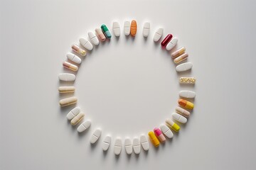 Assorted Capsules and Tablets in Circular Pattern.