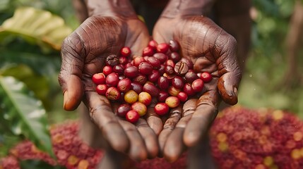 Close-up of fair trade coffee beans being harvested by a farmer's hands, highlighting ethical trade practices