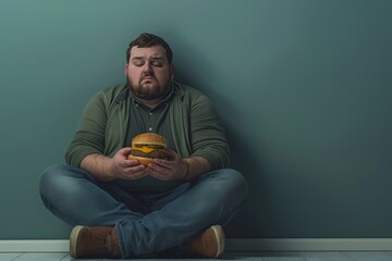 Man Sitting with Cheeseburger in Hand.