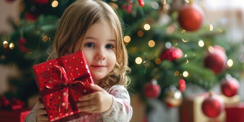 Child Holding Present. Christmas Gift Box Held by Girl in Festive Interior