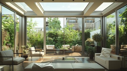 Fototapeta premium A sunroom with a contemporary aesthetic, featuring sleek furniture, glass walls, and a view of the rooftop garden through ceiling windows