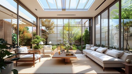 Fototapeta premium A sunroom with a contemporary aesthetic, featuring sleek furniture, glass walls, and a view of the rooftop garden through ceiling windows