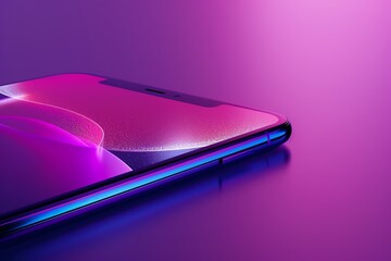 Close-up of a modern smartphone with a vibrant gradient screen, illuminated by neon purple and blue light. Technology and innovation concept.