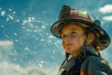 Child Wearing Firefighter Helmet Under Sunlight.