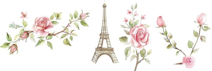 Paris Drawing. Eiffel Tower in Watercolor Symbolizing Love and Romance