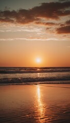 Sunset on a tropical beach with palm trees, calm waves, and a beautiful pastel-colored sky, evoking a sense of tranquility and natural beauty