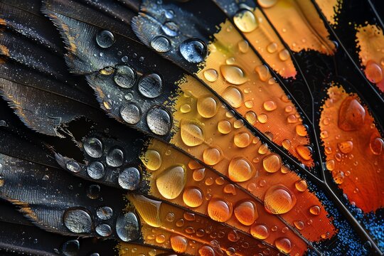 Close-up of vibrant butterfly wing with water droplets, showcasing intricate details and rich colors of nature's beauty.
