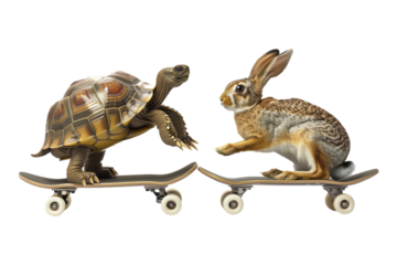 tortoise and hare on skateboards, transparent background