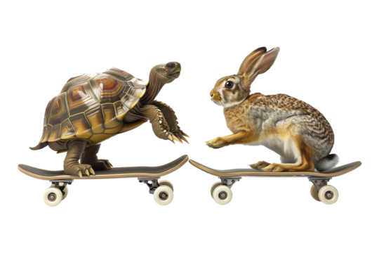 tortoise and hare on skateboards, transparent background