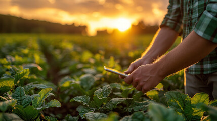 Agricultural, a farmer uses a tablet to monitor tobacco leaf growth data against the backdrop of a stunning sunset in a tobacco plantation, highlighting the advancement of technology in farming.