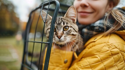 Smiling woman holding a cat in a pet carrier outdoors, both wearing warm clothes, on a pleasant autumn day.