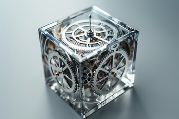 Transparent cube showcasing intricate mechanical gears on a reflective surface, symbolizing precision engineering and craftsmanship.