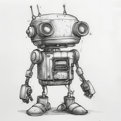 A charming, vintage-style robot with big round eyes and antennae, drawn in a detailed black and white sketch