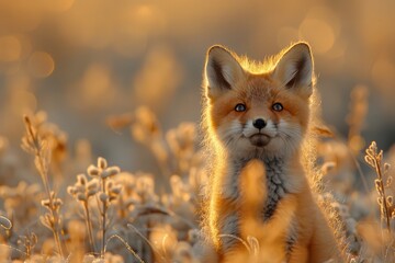 Obraz premium A curious fox kit standing in a field of tall grass, with its head slightly tilted and ears perked up. The background shows a golden sunset