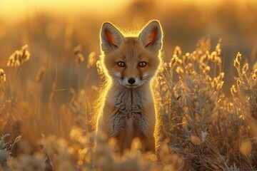 A curious fox kit standing in a field of tall grass, with its head slightly tilted and ears perked up. The background shows a golden sunset