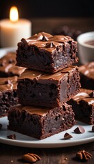 Fudgy and moist chocolate brownies with a silky ganache topping, displayed on a plate for a delicious dessert treat