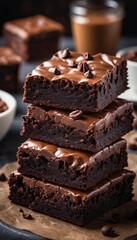 Fudgy and moist chocolate brownies with a silky ganache topping, displayed on a plate for a delicious dessert treat