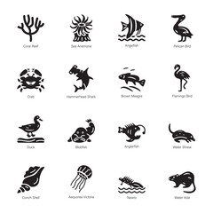 Obraz premium Collection of Marine Animals Glyph Icons