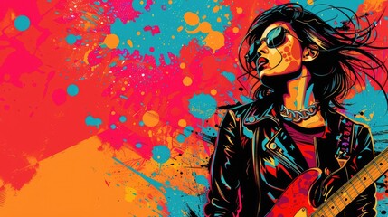Edgy Rock Star Vivid Abstract Pop Art with Electric Guitar in Neon Colors