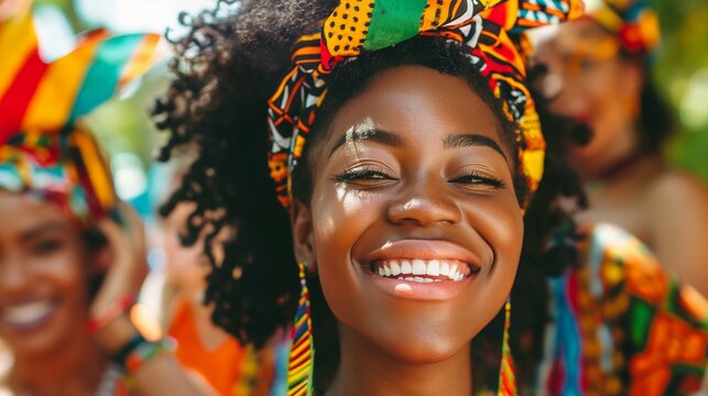 Vibrant Black History Month Celebration with Smiling Woman in Traditional Attire