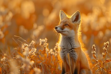 A curious fox kit standing in a field of tall grass, with its head slightly tilted and ears perked up. The background shows a golden sunset