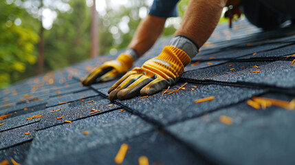 A roofing construction as a skilled roofer, dressed in protective workwear and gloves, employs an air or pneumatic nail gun to efficiently repair and replace roofing tiles on a building's roof.