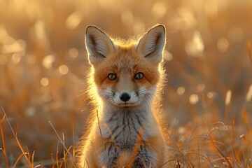 A curious fox kit standing in a field of tall grass, with its head slightly tilted and ears perked up. The background shows a golden sunset