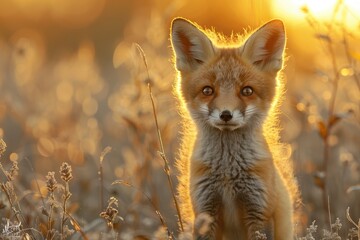 Fototapeta premium A curious fox kit standing in a field of tall grass, with its head slightly tilted and ears perked up. The background shows a golden sunset