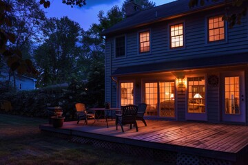 Patio Light. American Backyard Porch With Wooden Deck and Chairs at Night