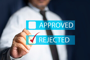Businessman writing or tick correct mark to rejected. check electronic documents on virtual screen. business success concept. Personal development and career growth or change yourself concept.