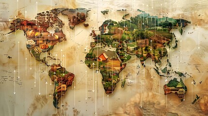 A photomontage depicting a map of the world with arrows connecting various regions known for fair trade products, showcasing the global impact of ethical trade.