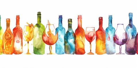 Alcohol Watercolor. Seamless Ribbon Border with Wine Bottles and Glasses for Wine Shop