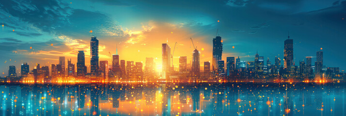 Naklejka premium cityscapes with a wide banner illustration featuring buildings under construction, illustrating the continuous cycle of development and modernization.