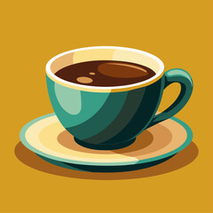 Obraz premium A cup of black coffee with a saucer, on a yellow background.