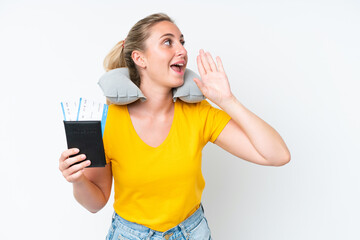 Woman with Inflatable Travel Pillow shouting with mouth wide open to the side