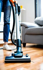 Woman cleaning floor with vacuum cleaner.