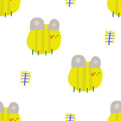 Cute jungle, wild nature seamless pattern. Funny hand drawn doodle repeatable pattern with bee, honey bee, bumble bee, plant. Mossy forest, wood theme background
