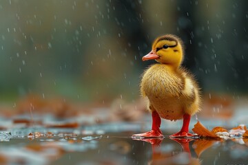 A cute duckling standing in a puddle, wearing tiny red rain boots. The background shows a rainy day with drops falling