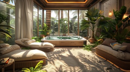 Fototapeta premium A sunroom with a luxurious spa-like ambiance, featuring a Jacuzzi, plush loungers, and tropical plants creating a relaxing retreat