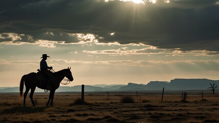 Western landscape with silhouette of a lonely cowboy riding a horse in beautiful midwest.