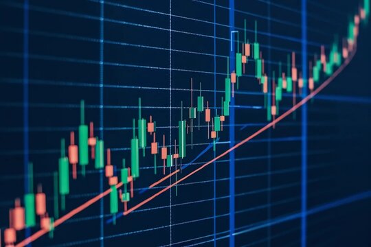 Financial chart with an uptrend line and detailed candlesticks, displayed on a blue monitor background with grid lines and axis labels for precision - Powered by Adobe