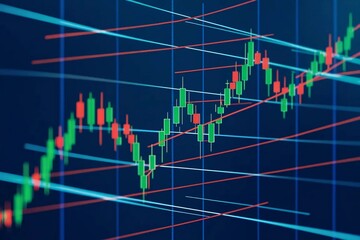Uptrend Candlestick Chart on Blue Monitor - Detailed Financial Market Analysis with Green and Red Patterns